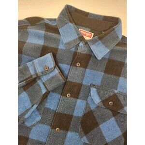 Wrangler Overshirt Men's L Blue Long Sleeve Button Fleece Buffalo Plaid Workwear